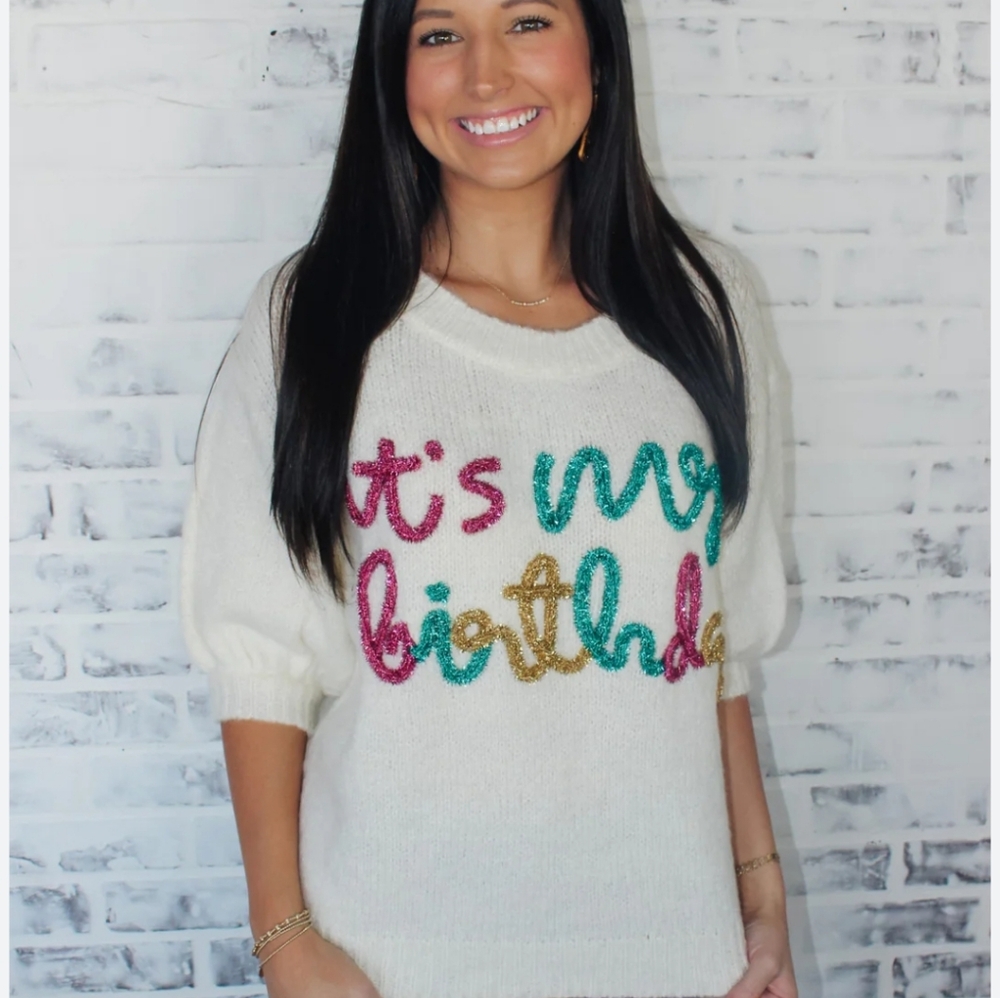 BIBI "It's My Birthday" Sweater Top Tinsel In Ivory/pink/green. Size Small - Picture 2 of 14